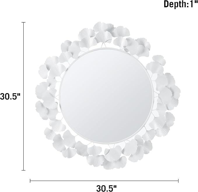 Martha Stewart Wall Décor Large Gingko Leaf Round Wall Mirror for Living Room, Iron Metal Plate Frame Antique Finish, Ready to Hang Bedroom Decoration, Eden, 30.5", White
