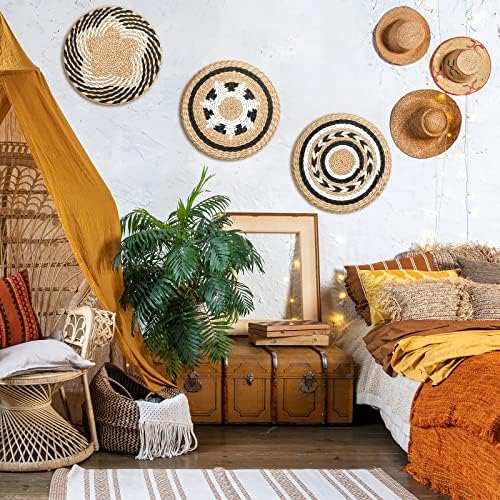 Glenmal 3 Pcs Boho Wall Basket Decor Decorative Bulrush Woven Basket Wall Decor Art Farmhouse Handmade Hanging Baskets with African Design for Living Room Display Table Settings Kitchen Home(Vivid)