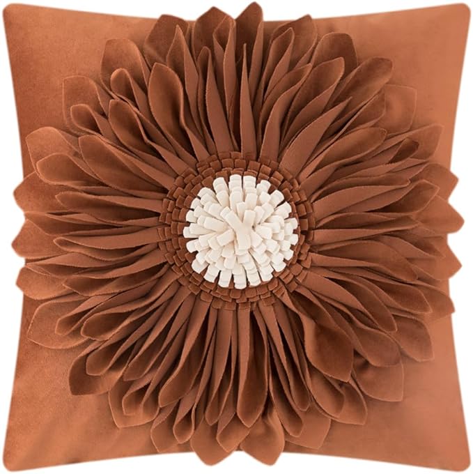 OiseauVoler 3D Flower Decorative Throw Pillow Covers for Couch 18x18 Inch | Vintage Floral Handmade Pillowcases for Living Room Washable With Zipper Soft Velvet Pet Hair Resistant Rust Terracotta