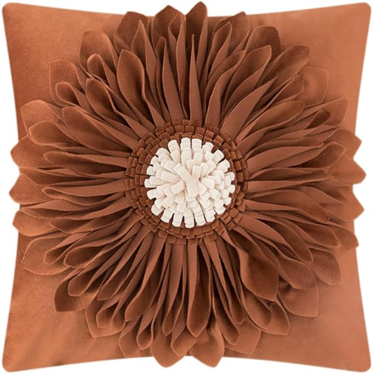 OiseauVoler 3D Flower Decorative Throw Pillow Covers for Couch 18x18 Inch | Vintage Floral Handmade Pillowcases for Living Room Washable With Zipper Soft Velvet Pet Hair Resistant Rust Terracotta