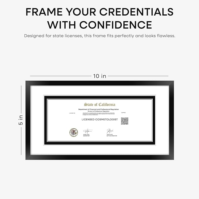 Homeforia 5x10 Black License Frame, High-End Metal, 3.5x8 Mat, Glass