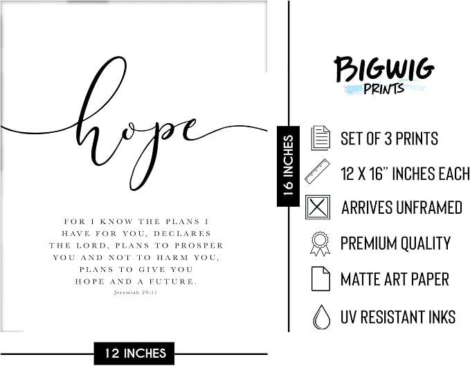 BigWig Prints Bible Verse Prints, Faith Hope Love, Set of 3, 12x16 in | Uplifting Scripture for Prayer Room or Study, Great Gift for Bible Study Groups, Unframed