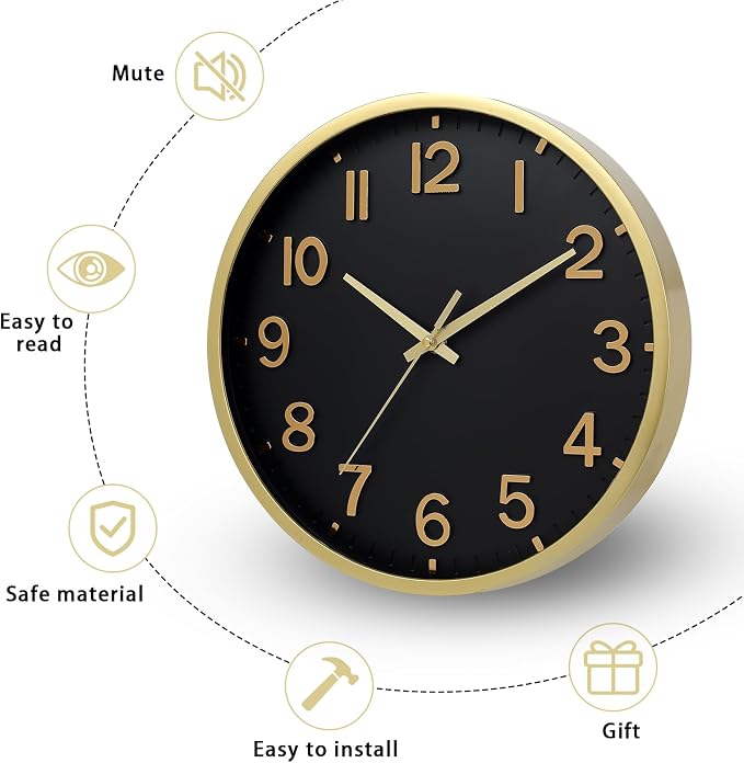 Wall Clocks Battery Operated 10 inch Modern Wall Clock,Silent Non Ticking Wall Clock for Living Room Bedroom Kitchen Office Classroom Decor (Black Gold)