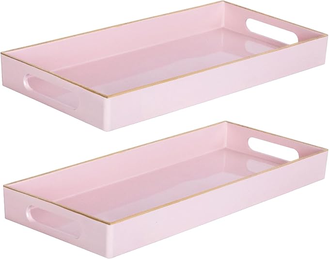 MAONAME Pink Vanity Tray Set of 2, Rectange Toilet Tank Trays with Handles