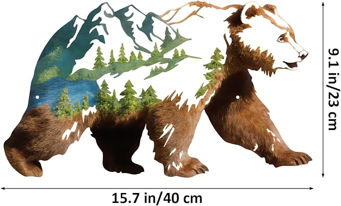 Metal Bear Forest Pine Tree Wall Art Bear Peak Natural Scenery Wall Sign | Wildlife Hunting Home Hanging Decorations for Living Room, Bedroom Kitchen Bathroom (Light Brown)