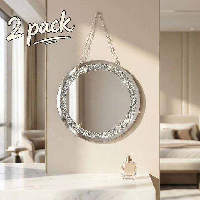 QMDECOR Crystal Crush Diamond Silver Mirror 2 Pack Diameter 12inch Round Shape with Iron Chain Real Glass Mirror for Wall Decor