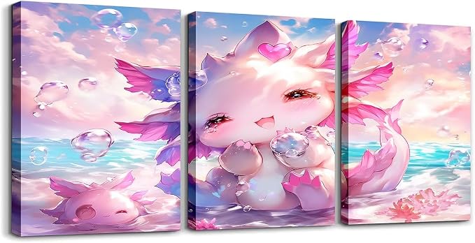 Feelyou Kids Cute Axolotl Canvas Wall Art for Living Room Bedroom Ocean Sealife Wall Painting Posters Boys Girls Kawaii Cartoon Animal Picture Wall Decor Beach Bathroom Wall Art 12"x16"x 3Pcs