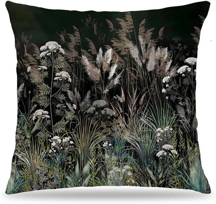 Moody Meadow Botanical Pillow Cover 18x18 Double-Sided, Dark Academia Cottagecore Nature Forest Green Pampas Grass Wildflower Decorative Throw Pillow Cover for Home Bedroom Living Room