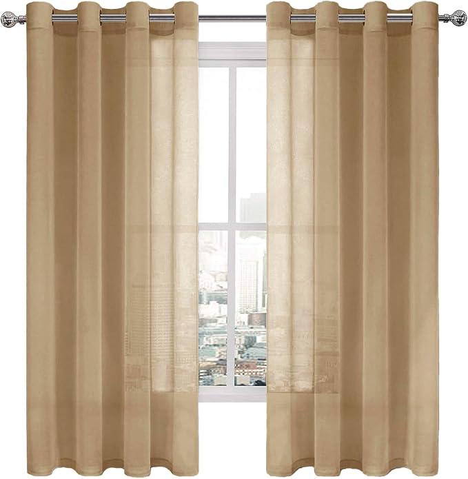 DWCN Sheer Curtains, Faux Linen Look Voile Semi Transparent Solid Grommet Top Window Sheer Curtains for Bedroom Living Room, Set of 2 Panels 52 x 72 Inch Long, Taupe