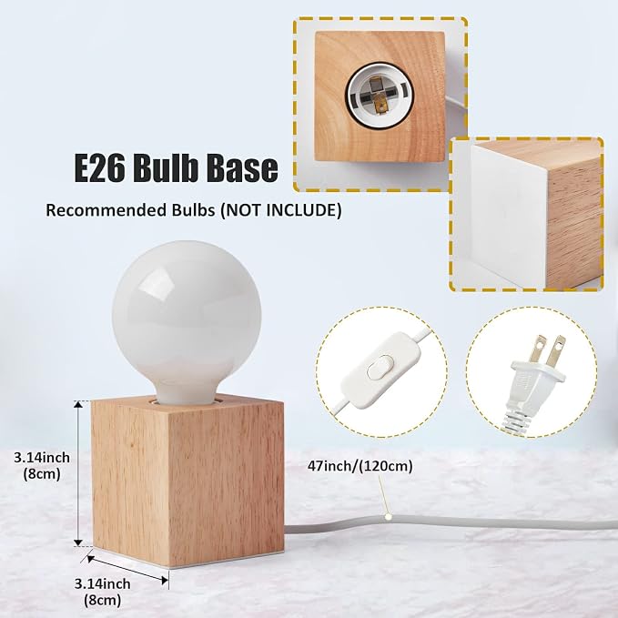 Vintage Table Lamp,Small Bedside Lamp with Square Wooden Base Desk Lamp, E26 60W Night Light Perfect for Bedroom Living Room Home Art Display Cafe Bar Studio Antique Decor(Without Bulb)