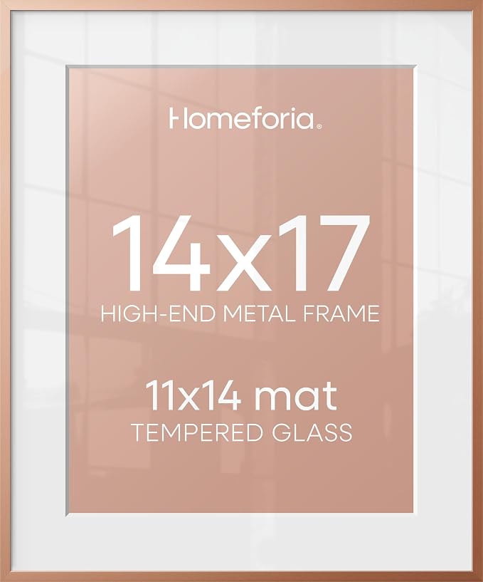 Homeforia 14x17 Rose Picture Frame, High-End Metal, 11x14 Mat, Glass
