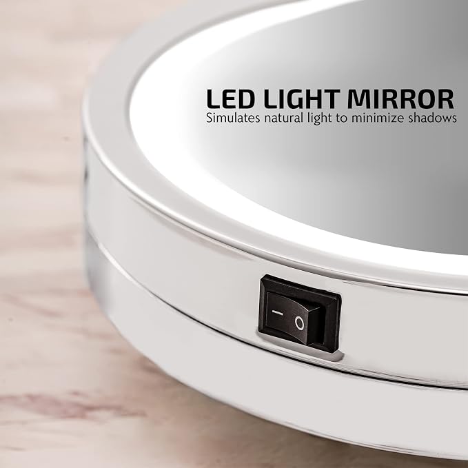 OVENTE 9" Wall Mounted Lighted Makeup Mirror, Polished Chrome MFW85CH1X10X | Cordless Double Sided 1X/10X Magnifying Mirror for Bathroom with LED Lights, 360° Rotation, Extendable Arm, Battery Operated