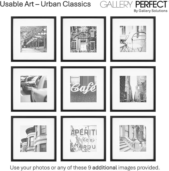 Gallery Perfect 12x12 Picture Frames, 9 Piece Set with Real Glass Cover for 8x8 Photos With Mat, Picture Frames Collage Wall Decor for Gallery Wall, Home Decor, Black