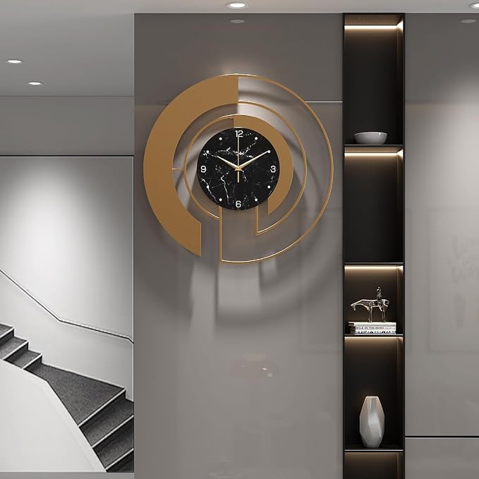 18-Inch Modern Large Metal Wall Clock, Marble-Patterned Tempered Glass Dial, Silent, Non Ticking, Battery Operated Gold Creative Clock, for Bedroom aqnd Living Room Home Wall Decoration