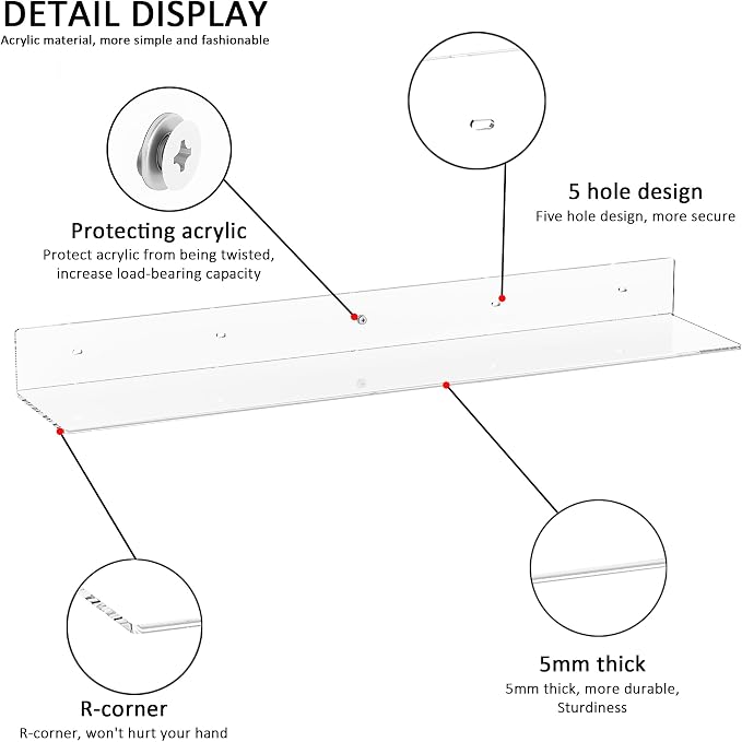 Sezanrpt 30 Inches Acrylic Wall Shelves 2 Pack, Floating Shelf for Wall Mounting, Acrylic Display Ledges for Funko Pop Figures, Home Décor, Living Room, Gaming Room, Plants(30 inch, Clear)
