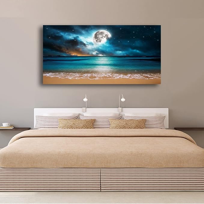 Beach Themed Wall Art Canvas Prints Seascape Picture Bathroom Décor Moon Ocean Landscape Paintings for Bedroom Dining Room Office Home Kitchen Decoration Natural Artwork 24x48 Wooden Frames