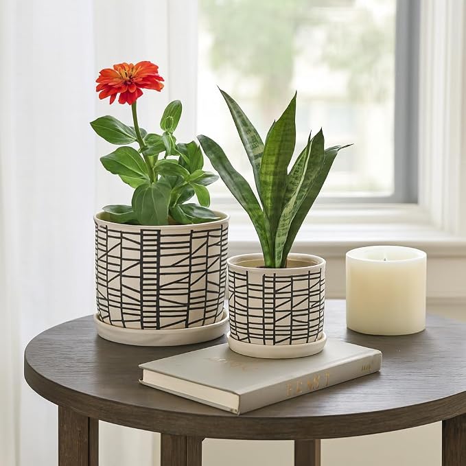 Set of 2 Geometric Decorative Ceramic Planter Pots with Saucer – Stoneware Outdoor & Indoor Plant Pots with Drainage – Modern Garden & Home Decor Ceramic Planters – 6" & 8", Ivory