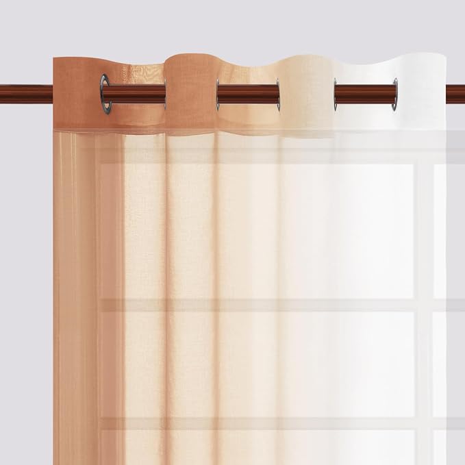 DWCN Fall Faux Linen Ombre Sheer Curtains - 63 inches Long Gradient Semi Voile Curtains for Bedroom and Living Room, Set of 2 Grommet Top Window Curtain Panels, W52 x L63 Inches, Burnt Ochre