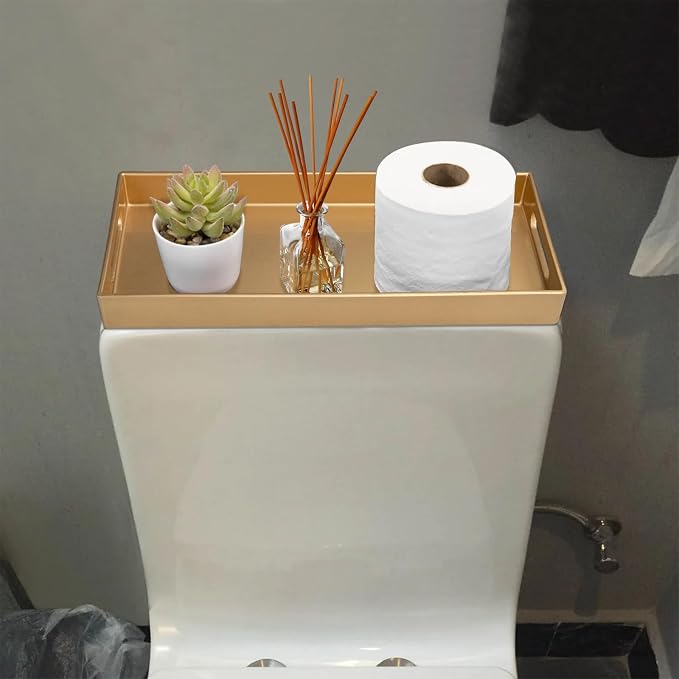 MAONAME Gold Vanity Tray Set of 2, Rectange Toilet Tank Trays with Handles