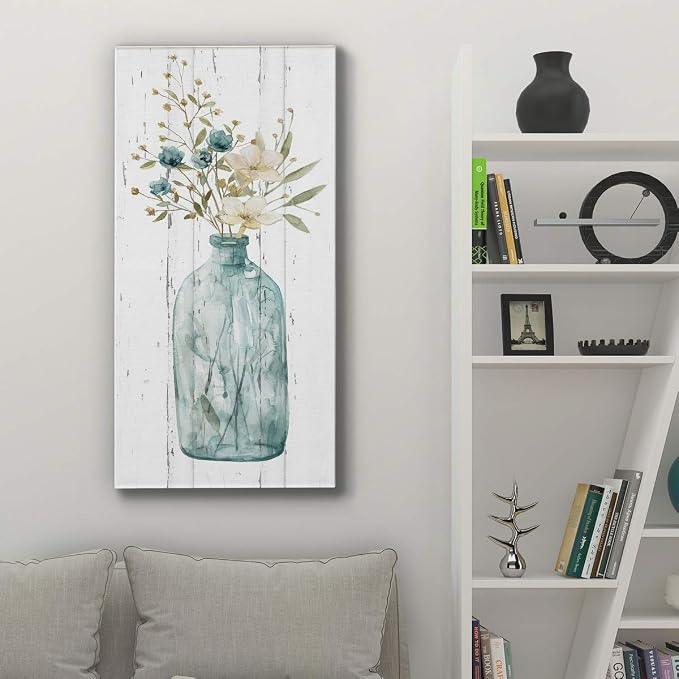 Renditions Gallery Canvas Flowers Wall Art Home Paintings & Prints Elegant Floral Vase Modern Romantic Botanical Bouquet Artwork Decorations for Office Bedroom Kitchen - 12"x24" LT43