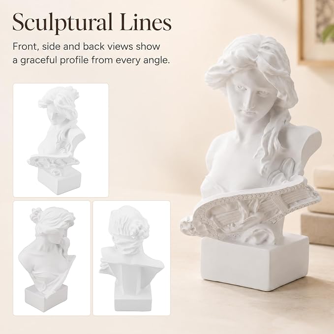 6" Greek Statue of Musical Goddess, White Resin Lyre Player Sculpture