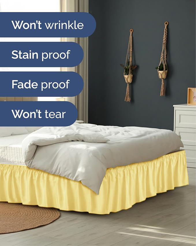 Wrap Around Dust Ruffle Bed Skirt, Full Size Beds - 12 Inch Drop, Yellow | Easy Fit Elastic Strap, Adjustable Pleated Bedskirt w/Brushed Fabric, Wrinkle & Fade Free, for Women, Men, Kids & Teens