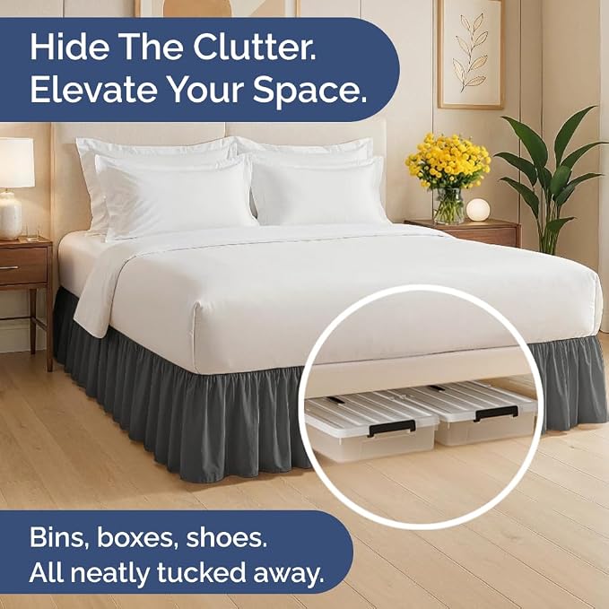 Bedskirt King Size Ruffle - Ruffled Bed Skirt - 12 Inch Drop - Charcoal | Bedskirt with Platform, Ultra-Soft Premium Hotel Quality, Wrinkle Free, Fade & Shrink Resistant, for Women, Men, Kids & Teens