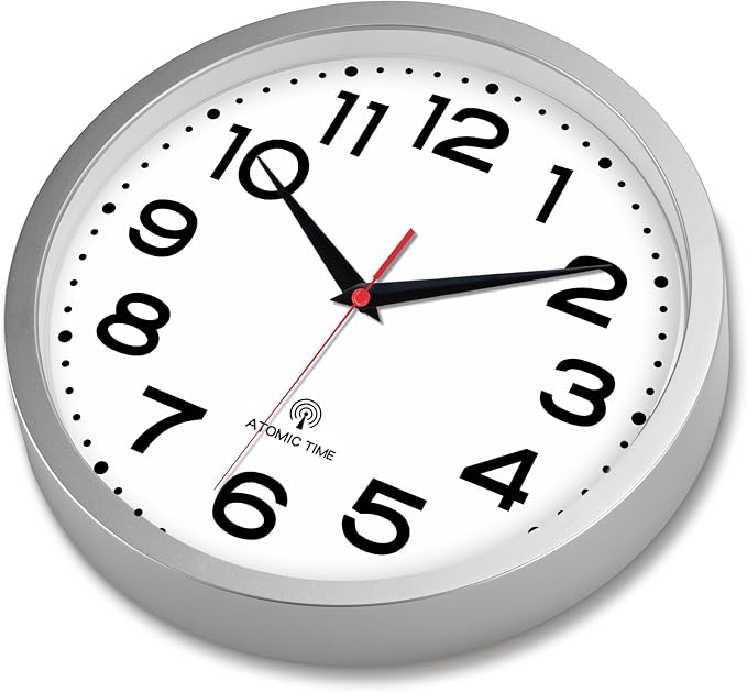 Roymnie 10 Inch Atomic Wall Clock, Battery Operated Silent Non Ticking | Silver analog wall clock; bold numerals for easy reading; silent non-ticking; 1 AA battery (not included); for classroom