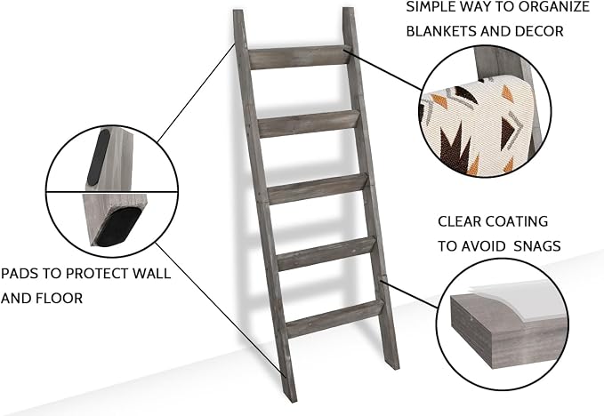 FUIN Blanket Ladder, 5ft Angled rungs Rustic Solid Wood Decor Rack, Grey | 5 rungs, farmhouse quilt display holder, organize towel, leaning wall, bathroom and living room use, knocked down side rail