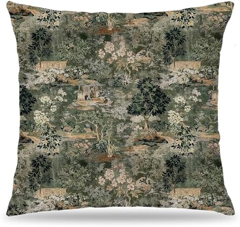 Dark Green Chinoiserie Forest Garden Throw Pillow Cover 18x18