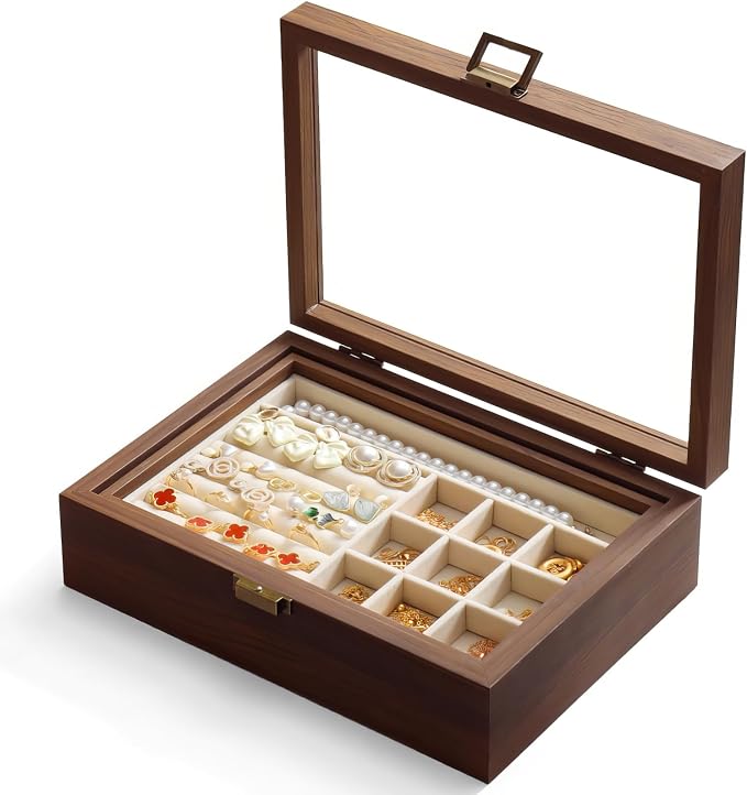 2-Layer Glass Lid Walnut Jewelry Box,Wooden Jewelry Organizer | Vintage Style Jewelry Box for Women girls,Ideal Gift for Rings, Earrings, Necklaces & Bracelets