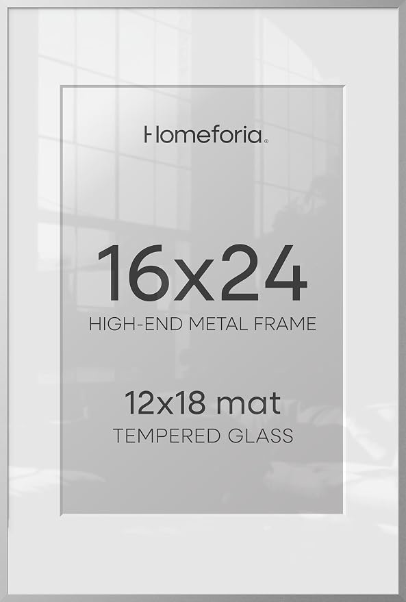 Homeforia 16x24 Silver Picture Frame, High-End Metal, 12x18 Mat, Glass