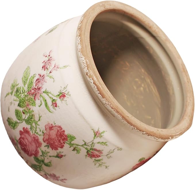 Decorative Pink Vintage Floral Pots, Ceramic Garden Pots with Drainage | Grandma Flower Pots for Indoor Plants, Succulent & Herb Pots, Crackle Glaze Pottery, Maximalist Chic Decor, Mom Gifts