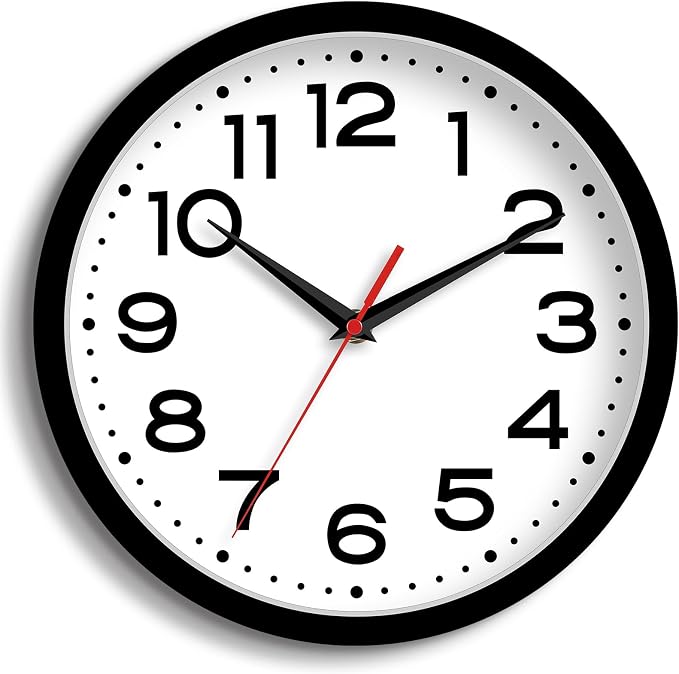 Roymnie 8 Inch Small Wall Clock, Battery Operated Silent Non Ticking Black | analog wall clock; bold numerals for easy reading; silent non-ticking; 1 AA battery (not included); for classroom