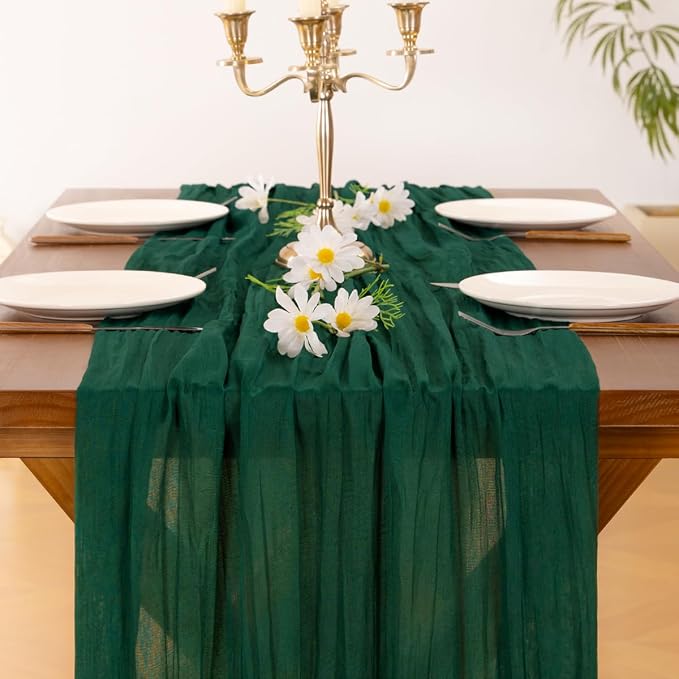 Cheesecloth Table Runner Fall Boho Wedding Birthday Party Home Decor | Emerald Green 2pcs Rustic Gauze 10FT Cheese Cloth Sheer Farmhouse Runner for Baby Shower Bridal Holiday Decorations