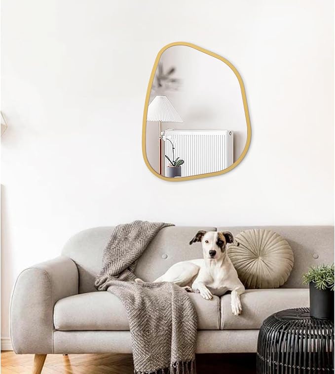 Gold Asymmetrical Mirror Large 20"x16" Irregular Oval Wall Mirror Modern Wood Frame Unique Shape Wall Mounted Vanity Artistic Mirror Decorative for Living Room Bedroom Bathroom Entryway