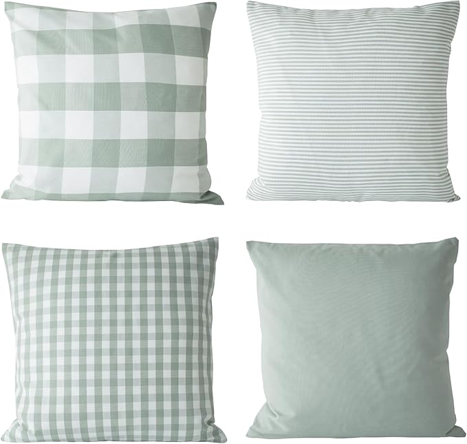 HOPLEE Farmhouse Sage Green Plaid Pillow Covers 16x16 Cushion Cover with Buffalo Plaid, Solid Sage Green, Striped and Gingham Design 16x16 inch,4 Pack