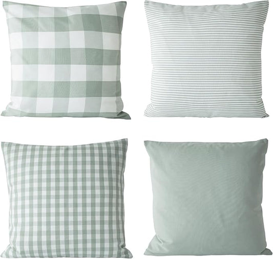 HOPLEE Farmhouse Sage Green Plaid Pillow Covers 16x16 Cushion Cover with Buffalo Plaid, Solid Sage Green, Striped and Gingham Design 16x16 inch,4 Pack