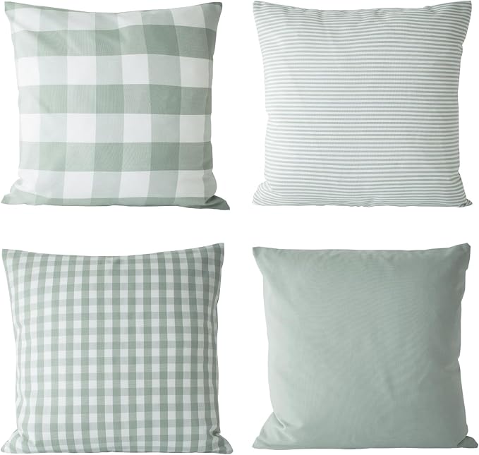 HOPLEE Farmhouse Sage Green Pillow Covers 18x18 Cushion Cover with Buffalo Plaid, Solid Sage Green, Striped and Gingham Plaid Design 18x18 inch,4 Pack