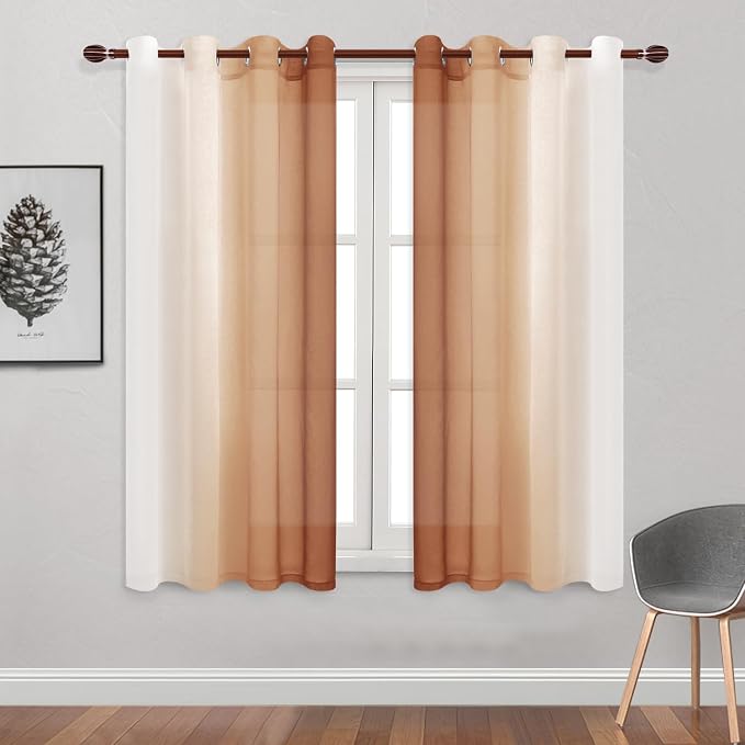 DWCN Fall Faux Linen Ombre Sheer Curtains - 63 inches Long Gradient Semi Voile Curtains for Bedroom and Living Room, Set of 2 Grommet Top Window Curtain Panels, W52 x L63 Inches, Burnt Ochre