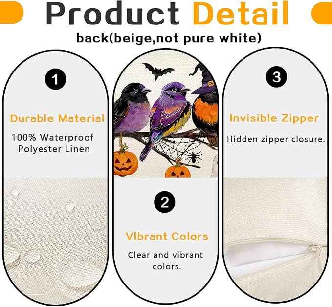 RABUSOFA Halloween Pillow Covers 20x20 Inch Halloween Decorations Outdoor | Watercolor Birds,Waterproof,Spooky Ghost Pumpkin Bat Halloween Decor,Supplies Accessories for Home Couch Party Patio