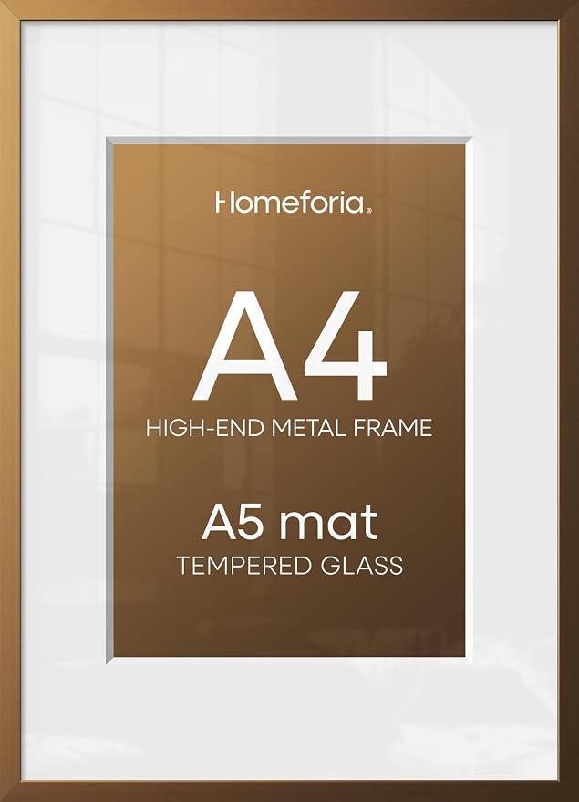Homeforia A4 Bronze Picture Frame, High-End Metal, A5 Mat, Glass