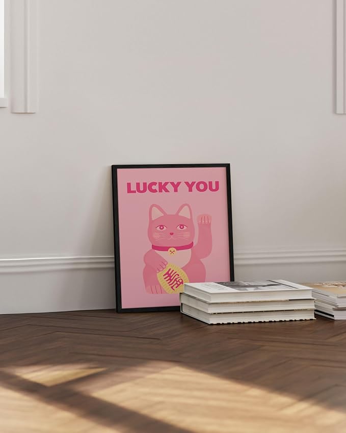HAUS AND HUES Pink Cat Wall Art - Lucky You Framed Japanese Cat Poster, Trendy Pink Aesthetic Art for Bedroom or Dorm, 16x20 Black Frame