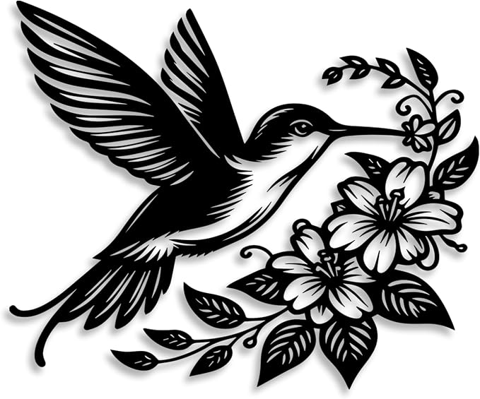 LIYOUYA Hummingbird Flower Metal Wall Decor - Rustic Farmhouse Room Decor Black Wall Art Home Decor for Living Room, Dining Room, Courtyard (Black)