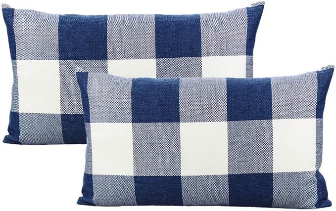 VAKADO 12x20 inch Pack of 2 Lumbar Buffalo Plaid Throw Pillow Covers Decorative Rectangle Farmhouse Retro Cushion Cases Home Decor for Couch Sofa Patio, Blue and White