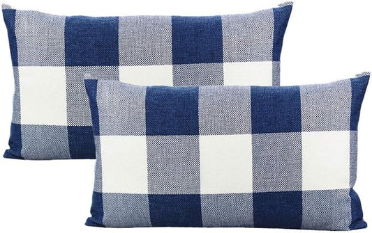 VAKADO 12x20 inch Pack of 2 Lumbar Buffalo Plaid Throw Pillow Covers Decorative Rectangle Farmhouse Retro Cushion Cases Home Decor for Couch Sofa Patio, Blue and White