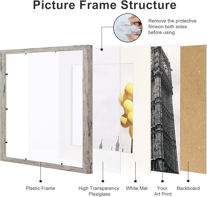 10x10 Picture Frame Set of 9, Display Pictures 8x8 with Mat or 10x10 without Mat, Multi Collage Gallery Square Photo Frames for Wall or Tabletop, Distressed Gray