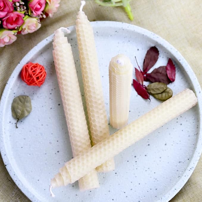 DEYBBY White 8 inch Natural Beeswax Honeycomb Rolled Candles Set of 6