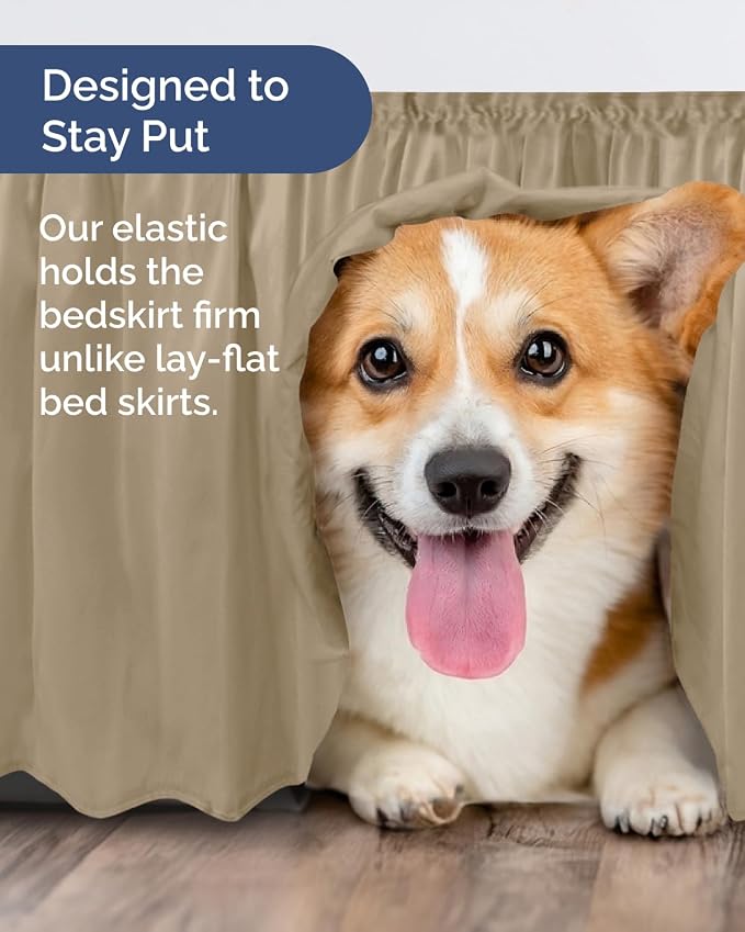 Wrap Around Dust Ruffle Bed Skirt, Queen Size Beds - 14 Inch Drop, Beige | Easy Fit Elastic Strap, Adjustable Pleated Bedskirt w/Brushed Fabric, Wrinkle & Fade Free, for Women, Men, Kids & Teens