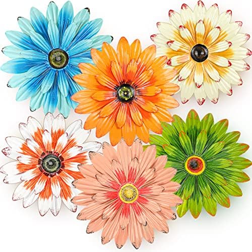 Zhehao 6 Pcs Metal Flower Wall Art Decor 8 Inch Sunflower Wall Decorations Hanging Outdoor Art Multicolored Handmade Metal Flowers Outdoor Decor(Elegant Color)
